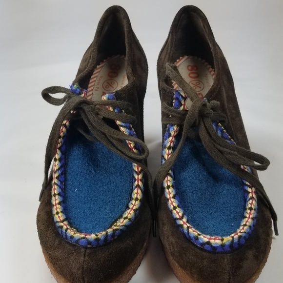 80%20 anthropologie brown suede blue tie wedge crepe sole booties 6.5 - Picture 5 of 10